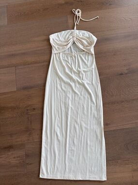 Crescent Strapless Ruched Halter Maxi Dress in Cream